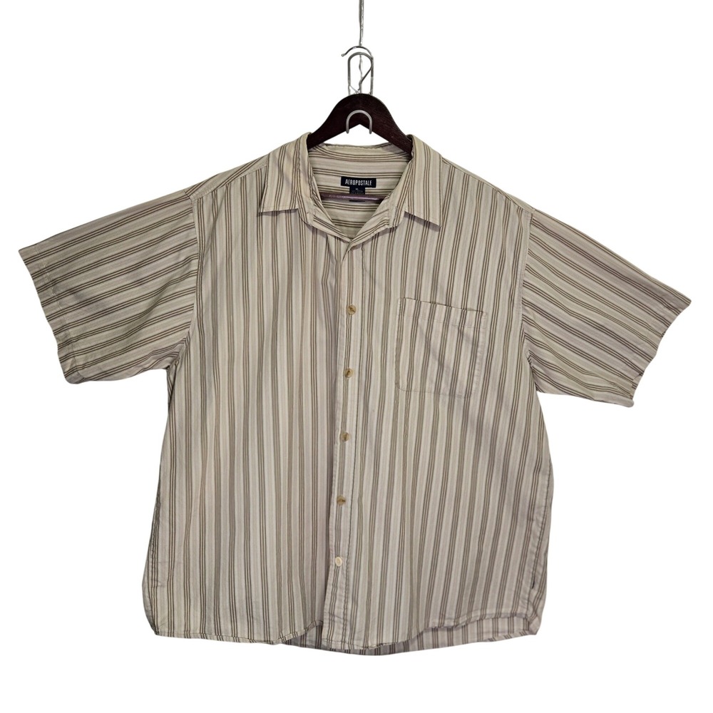 Aeropostale Mens XL Striped Button Down Shirt Short Sleeve Tan Brown Cotton